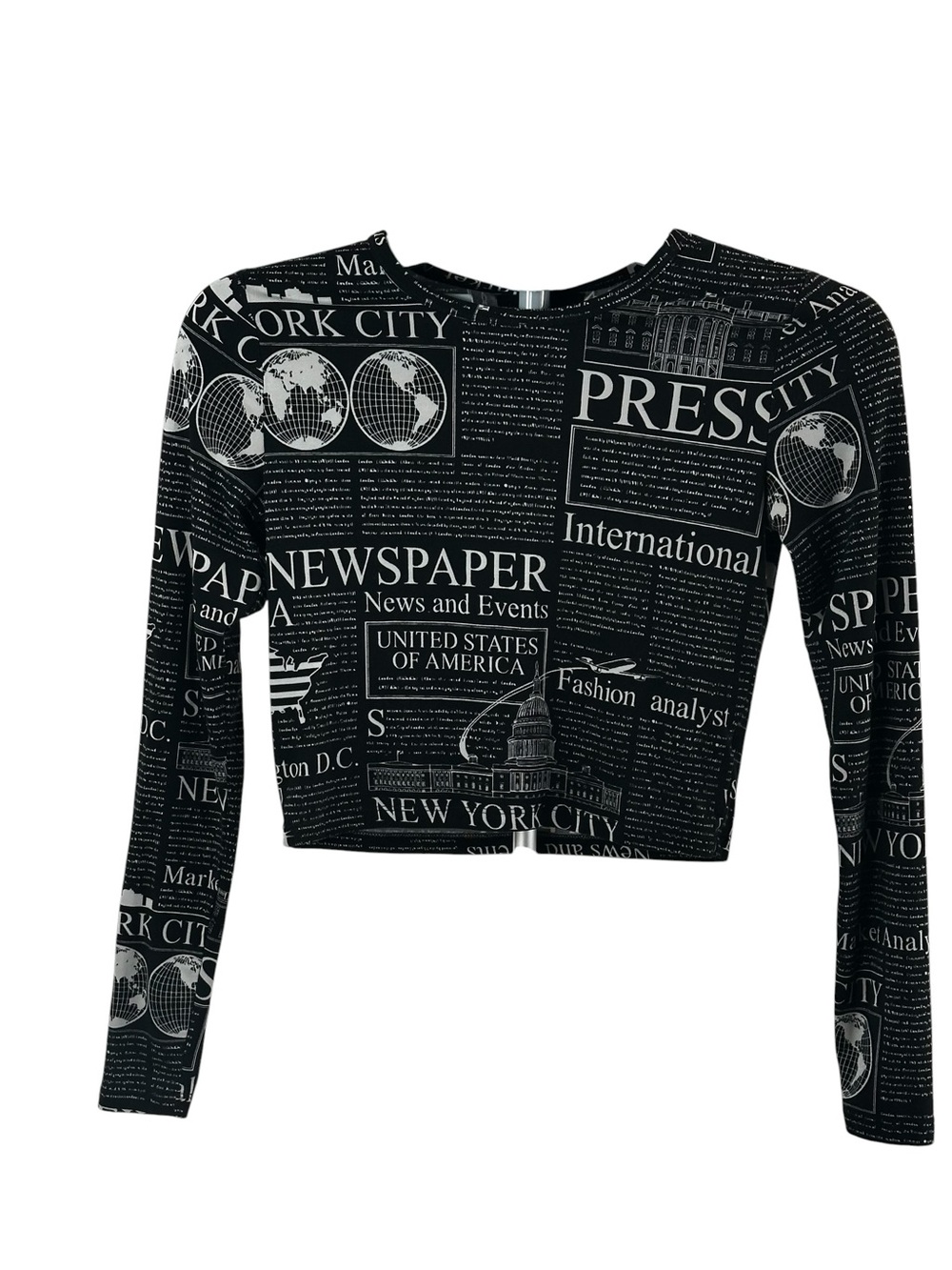 Special Scene Newspaper Print Cropped Long Sleeves Top Y2K Streetwear Sz S